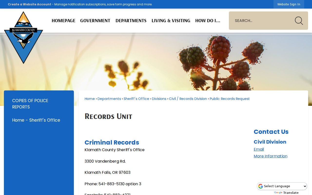 Klamath County arrest record request page from the sheriff