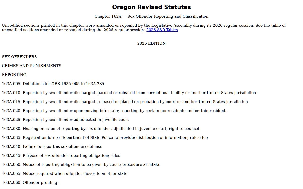 Oregon statutes governing Klamath County sex offender records